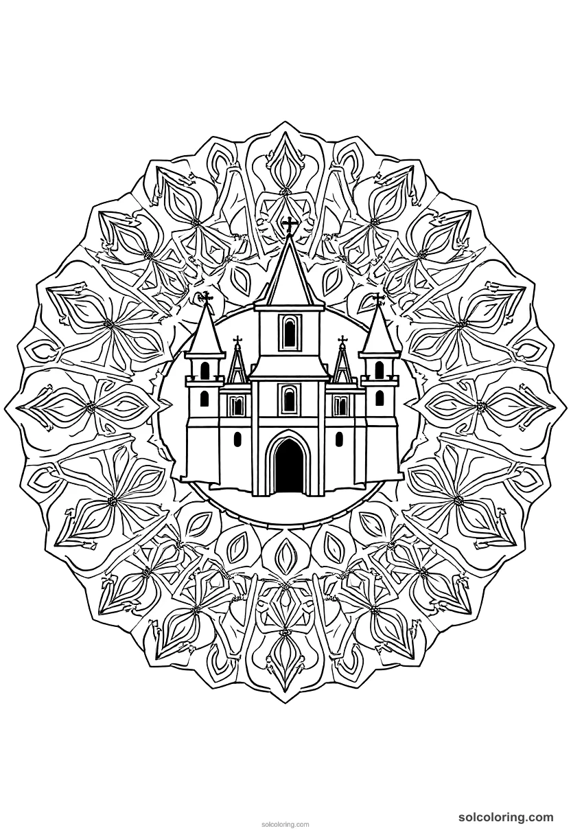 Mandala Medieval Castle Under Siege mandala coloring page for kids