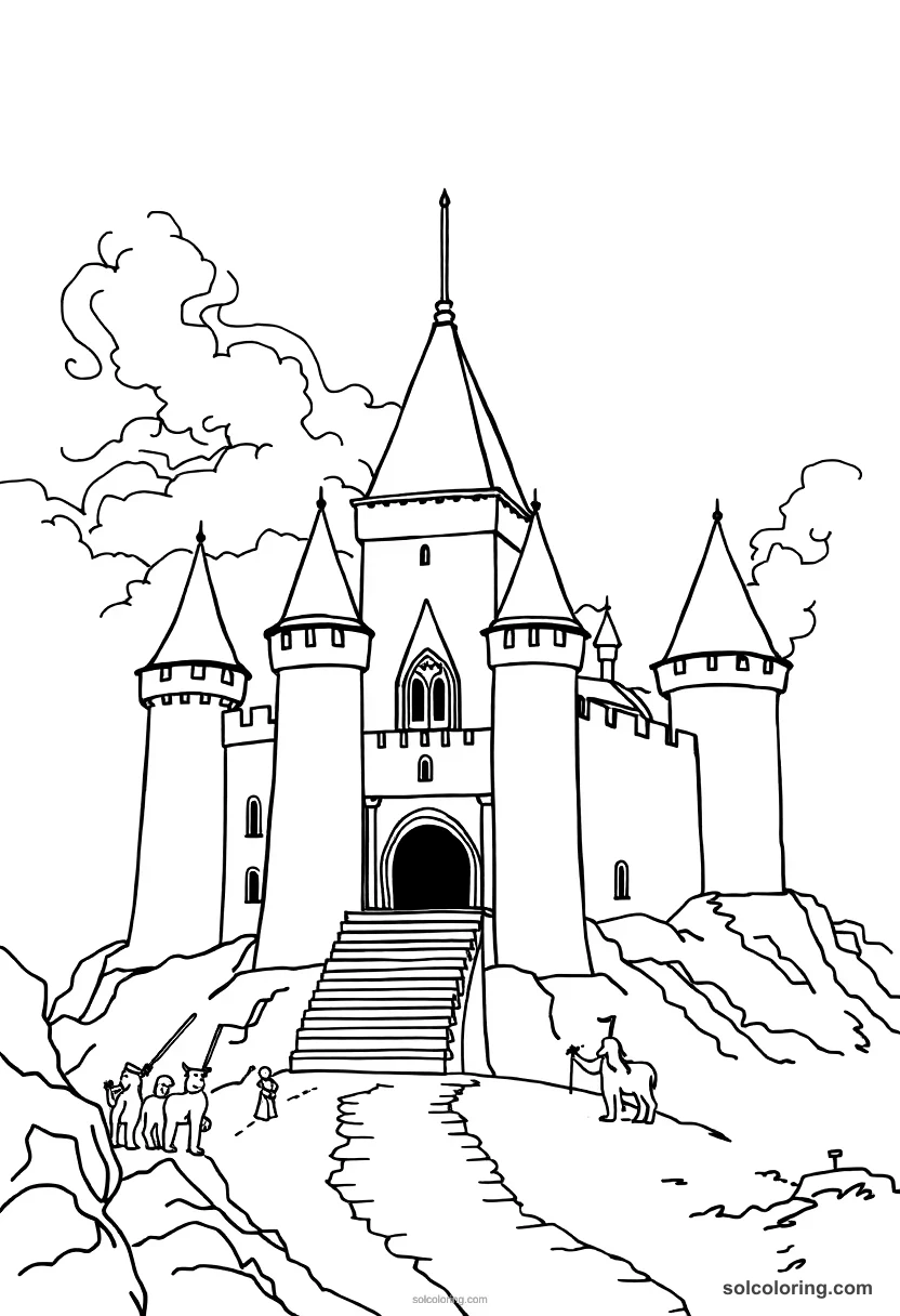 Simple Medieval Castle Under Siege simple coloring page for kids