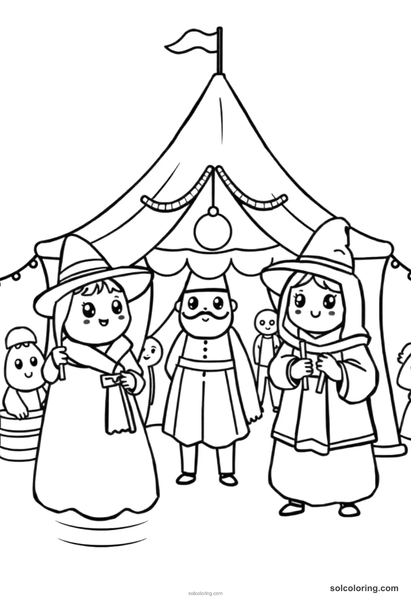 Cute Cartoon Medieval Fair with Traveling Performers cute cartoon coloring page for kids