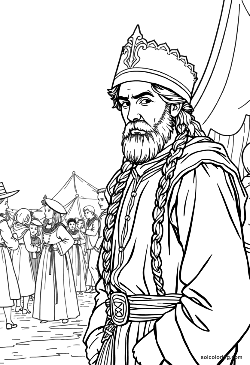 Medieval Fair with Traveling Performers coloring page, free printable detailed style