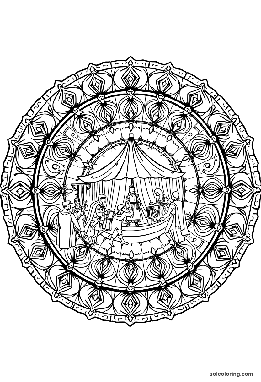 Mandala Medieval Fair with Traveling Performers coloring page, free printable mandala style