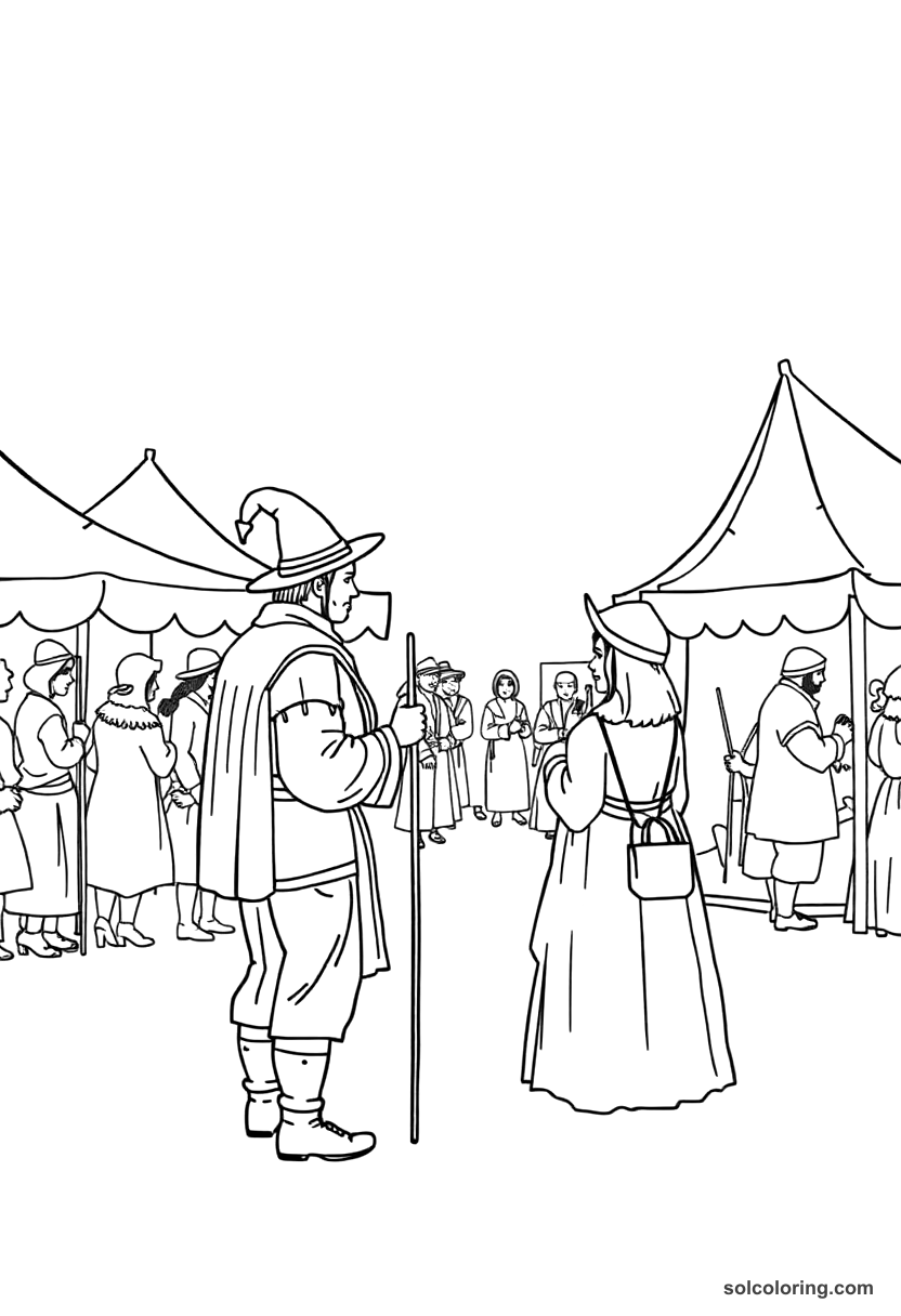 Simple Medieval Fair with Traveling Performers coloring page, free printable simple style