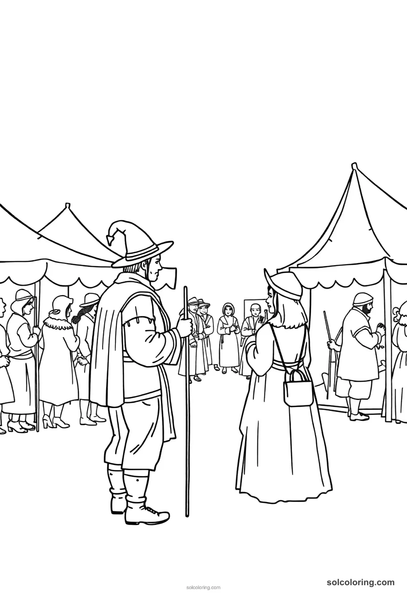Simple Medieval Fair with Traveling Performers simple coloring page for kids
