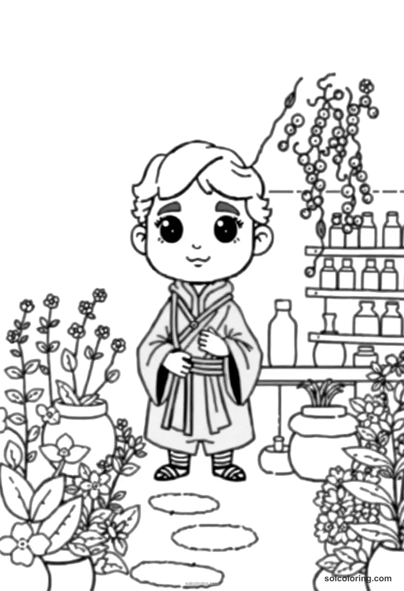 Chibi Medieval Herbalist Garden and Apothecary chibi coloring page for kids