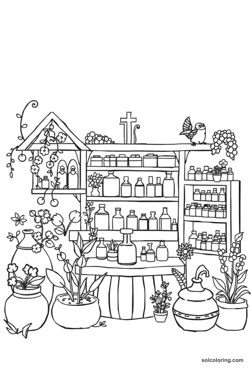 Cute Cartoon Medieval Herbalist Garden and Apothecary coloring page, free printable cute cartoon style