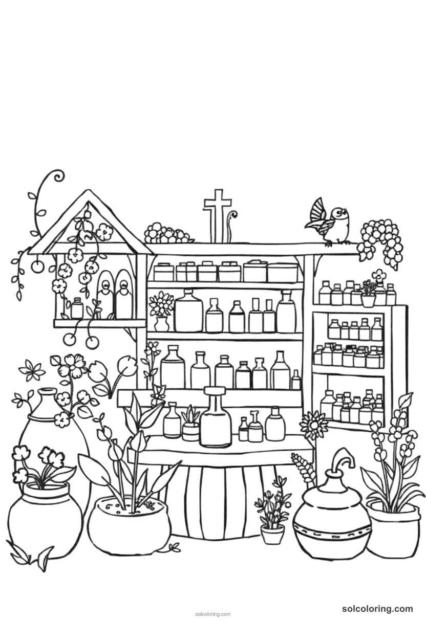 Cute Cartoon Medieval Herbalist Garden and Apothecary cute cartoon coloring page for kids