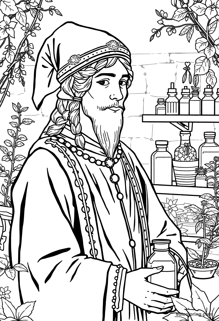 Medieval Herbalist Garden and Apothecary coloring page, free printable detailed style