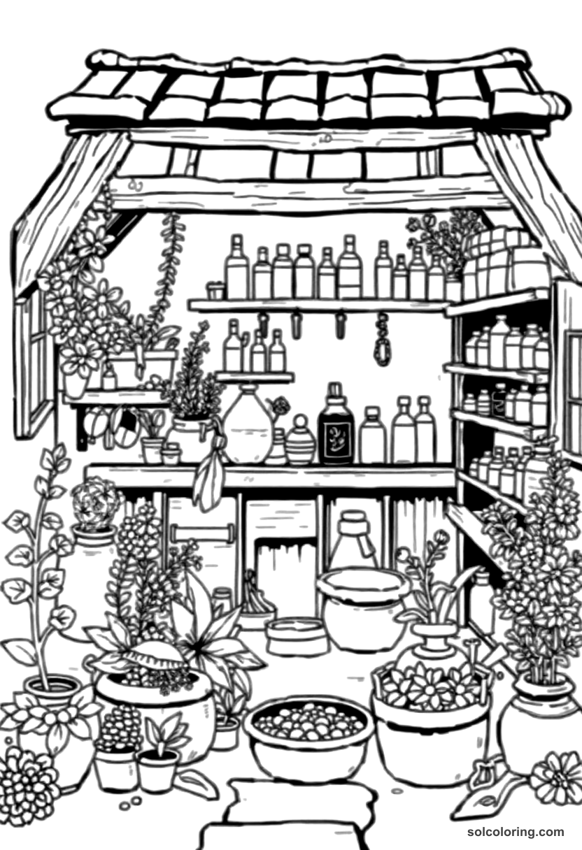 Simple Medieval Herbalist Garden and Apothecary coloring page, free printable simple style