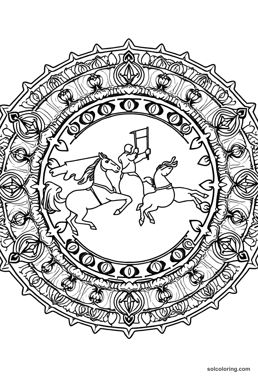 Mandala Medieval Jousting Tournament coloring page, free printable mandala style