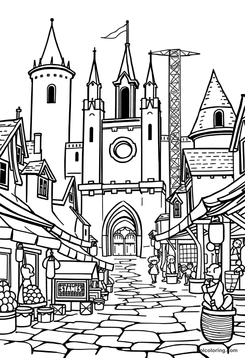 Chibi Medieval Market Town with a Cathedral Under Construction coloring page, free printable chibi style