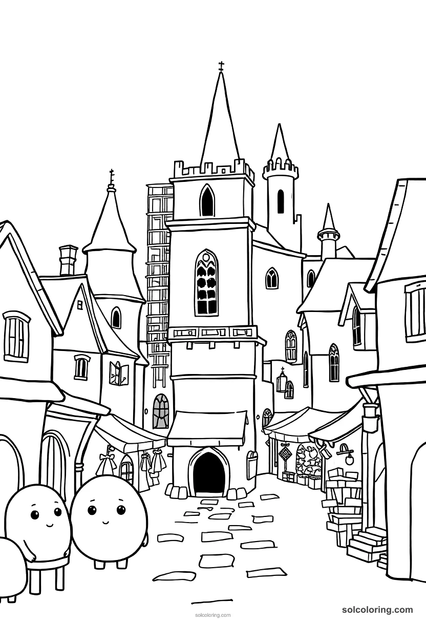 Cute Cartoon Medieval Market Town with a Cathedral Under Construction cute cartoon coloring page for kids