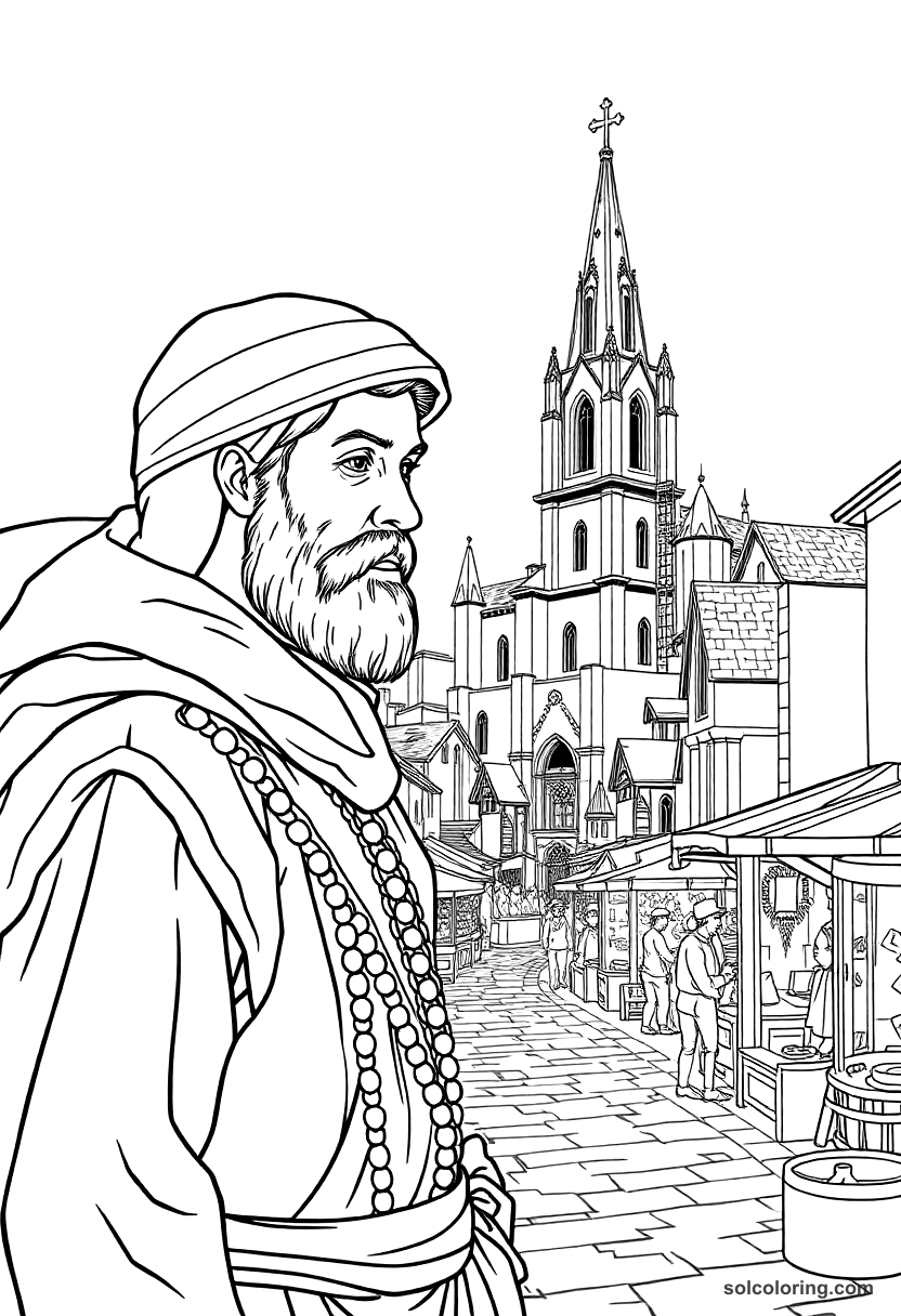 Medieval Market Town with a Cathedral Under Construction coloring page, free printable detailed style
