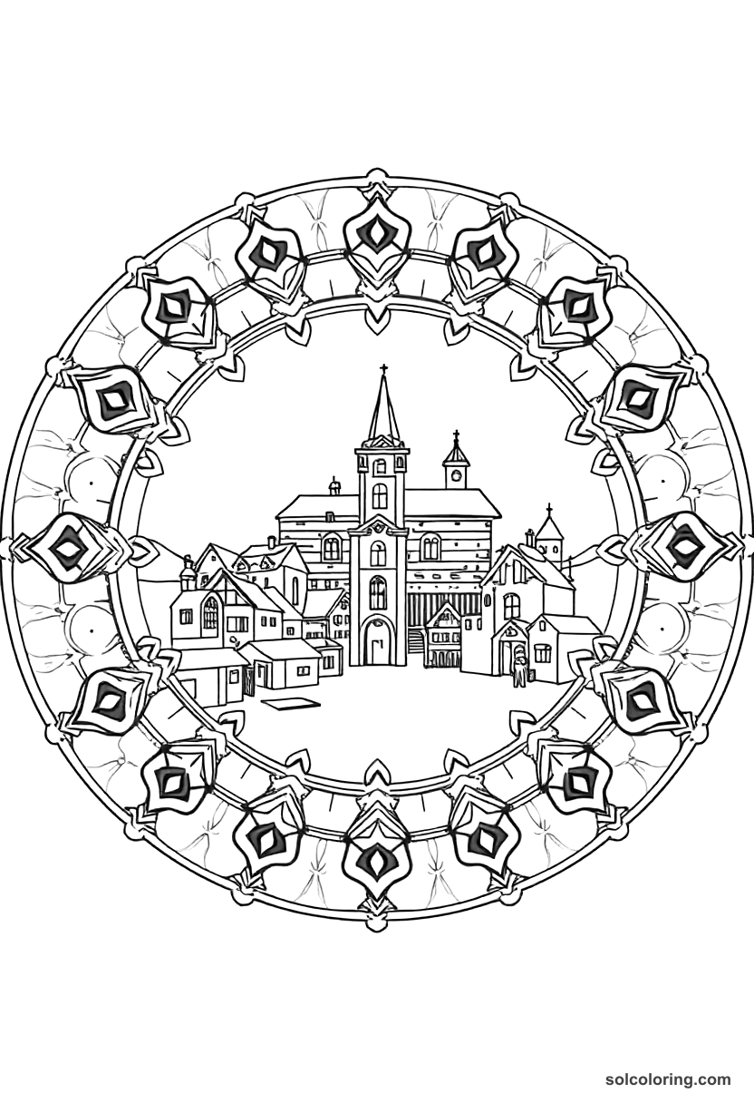 Mandala Medieval Market Town with a Cathedral Under Construction coloring page, free printable mandala style