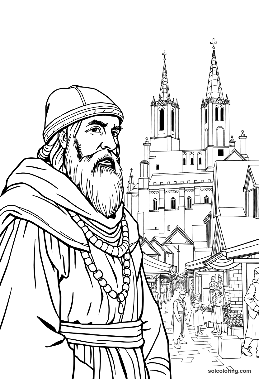 Medieval Market Town With A Cathedral Under Construction coloring pages