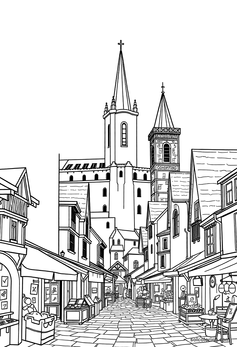 Simple Medieval Market Town with a Cathedral Under Construction coloring page, free printable simple style