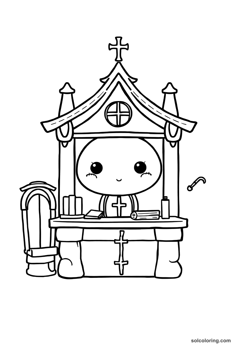 Chibi Medieval Monastery Scriptorium coloring page, free printable chibi style for kids and adults