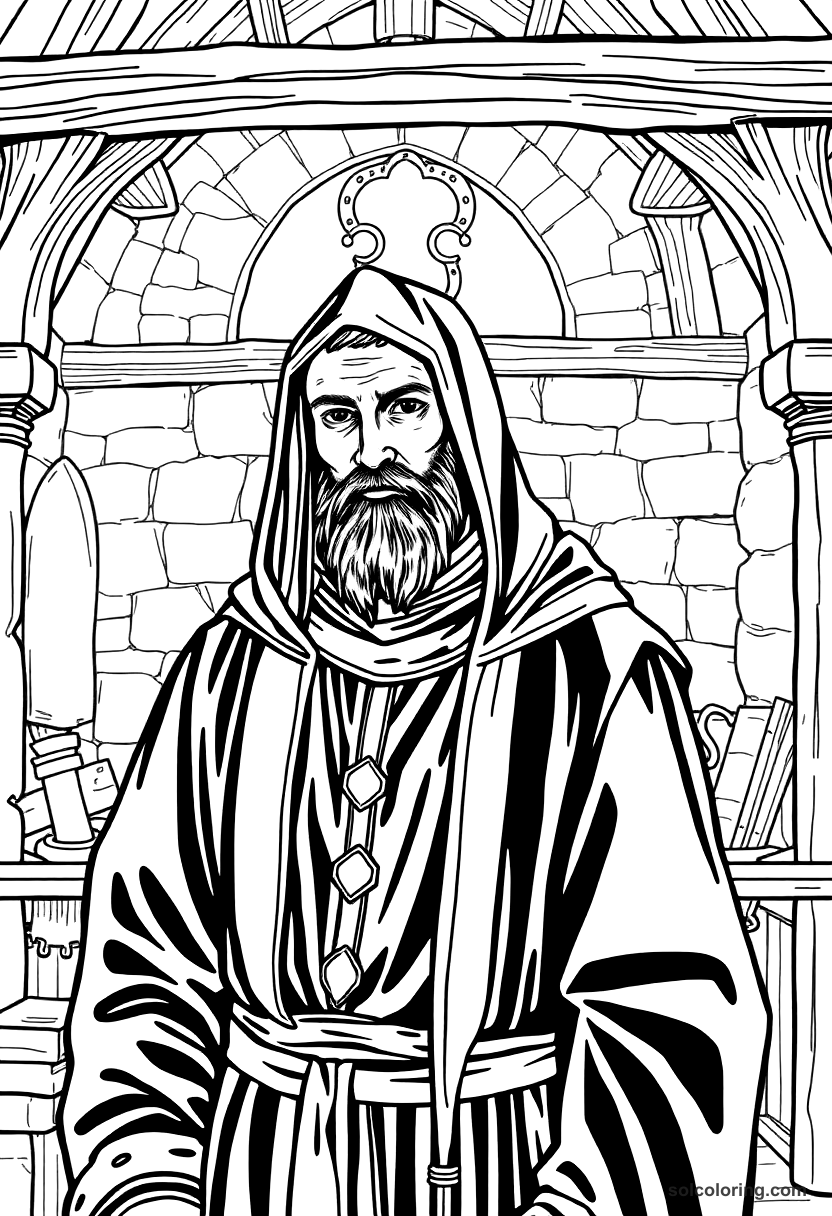 Medieval Monastery Scriptorium coloring page, free printable detailed style