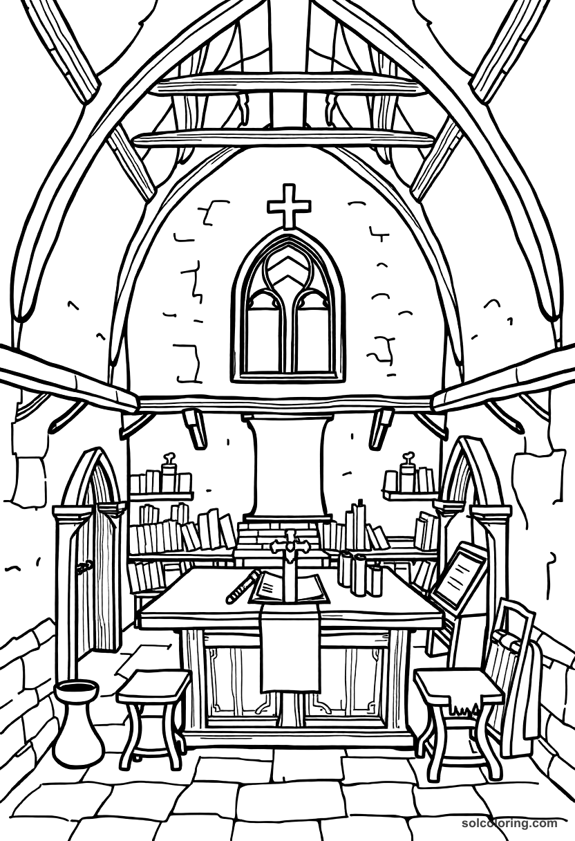 Simple Medieval Monastery Scriptorium coloring page, free printable simple style