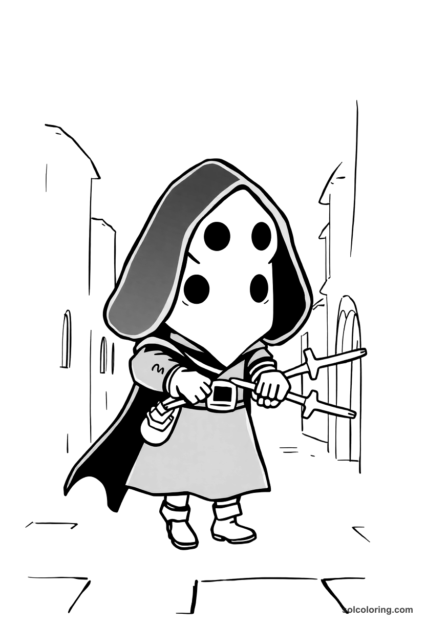 Chibi Medieval Plague Doctor Walking Streets coloring page, free printable chibi style
