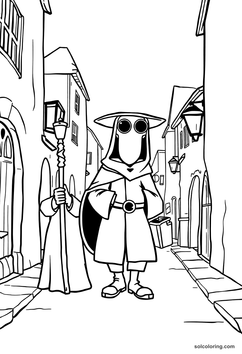 Cute Cartoon Medieval Plague Doctor Walking Streets coloring page, free printable cute cartoon style