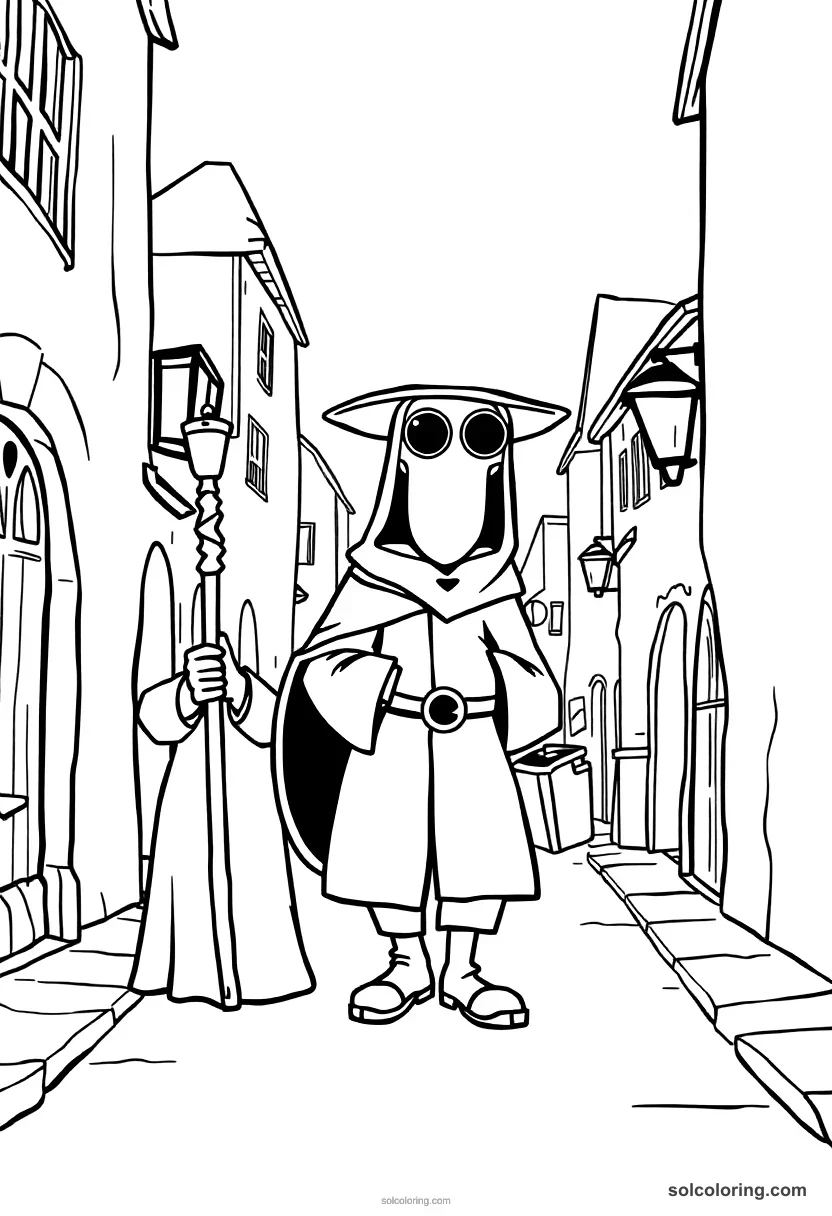 Cute Cartoon Medieval Plague Doctor Walking Streets cute cartoon coloring page for kids