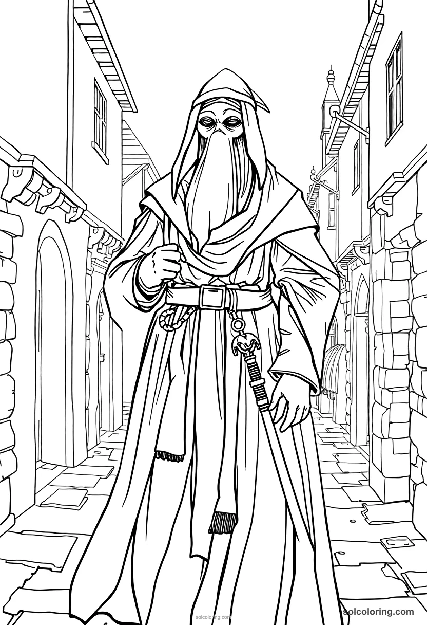 Medieval Plague Doctor Walking Streets detailed coloring page for kids
