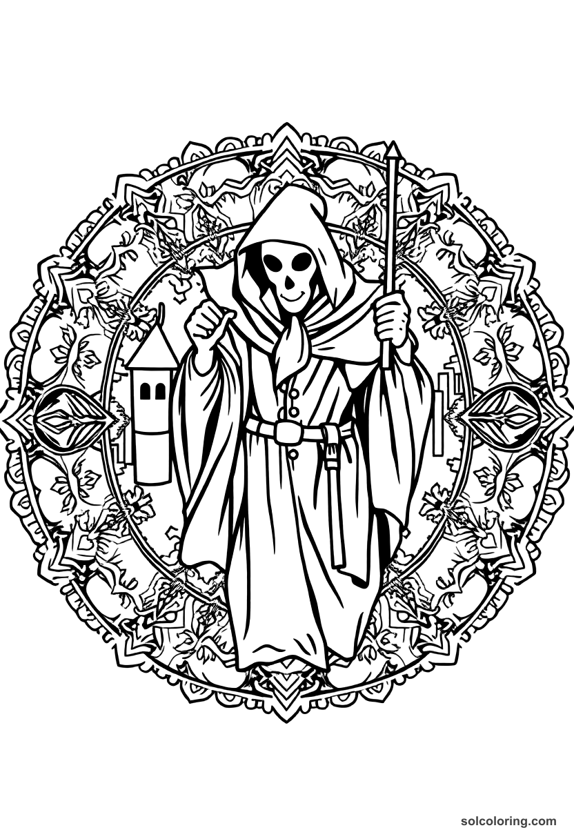 Mandala Medieval Plague Doctor Walking Streets coloring page, free printable mandala style
