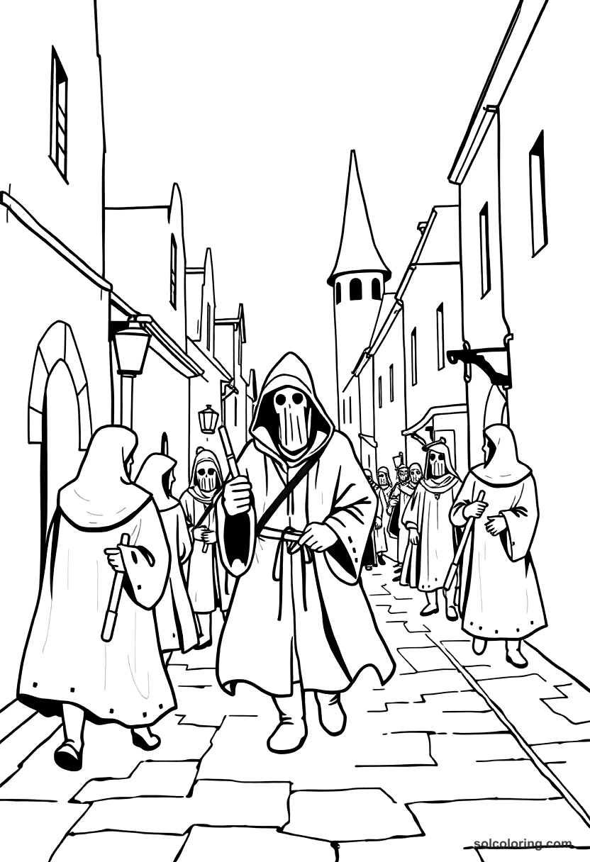 Simple Medieval Plague Doctor Walking Streets coloring page, free printable simple style