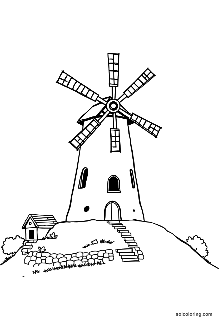 Chibi Medieval Windmill on a Village Hill coloring page, free printable chibi style