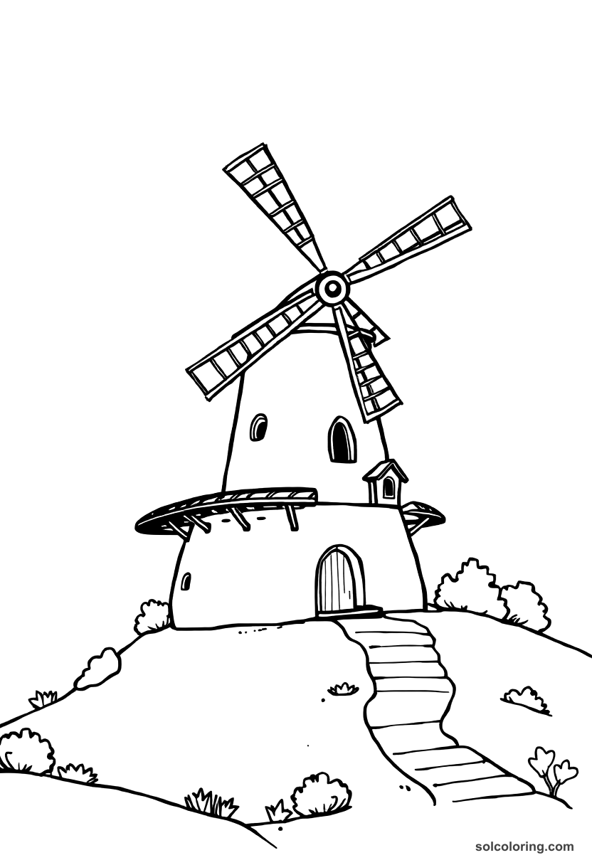 Cute Cartoon Medieval Windmill on a Village Hill coloring page, free printable cute cartoon style