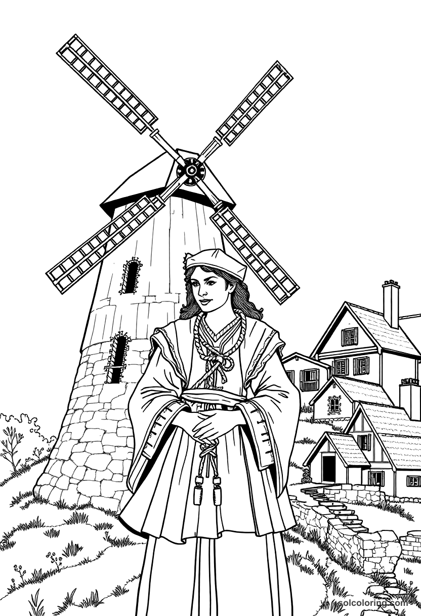 Medieval Windmill on a Village Hill coloring page, free printable detailed style