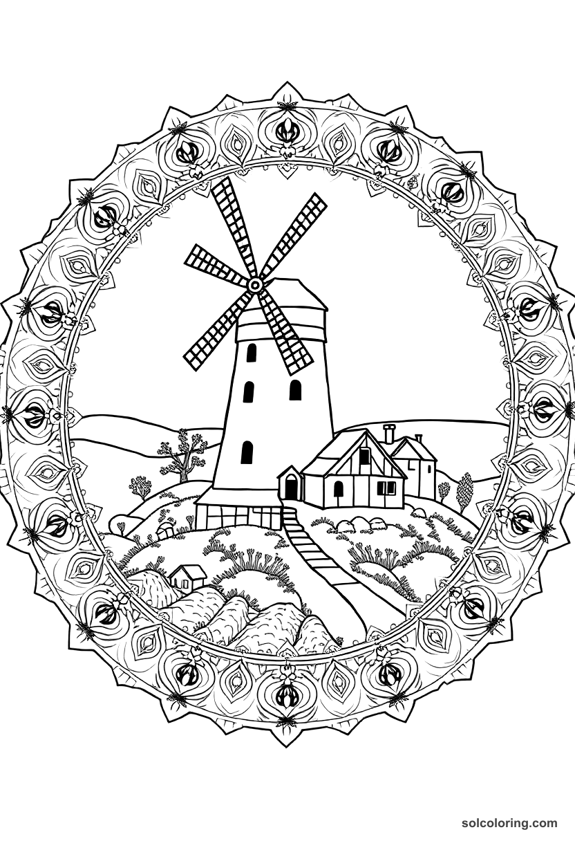 Mandala Medieval Windmill on a Village Hill coloring page, free printable mandala style