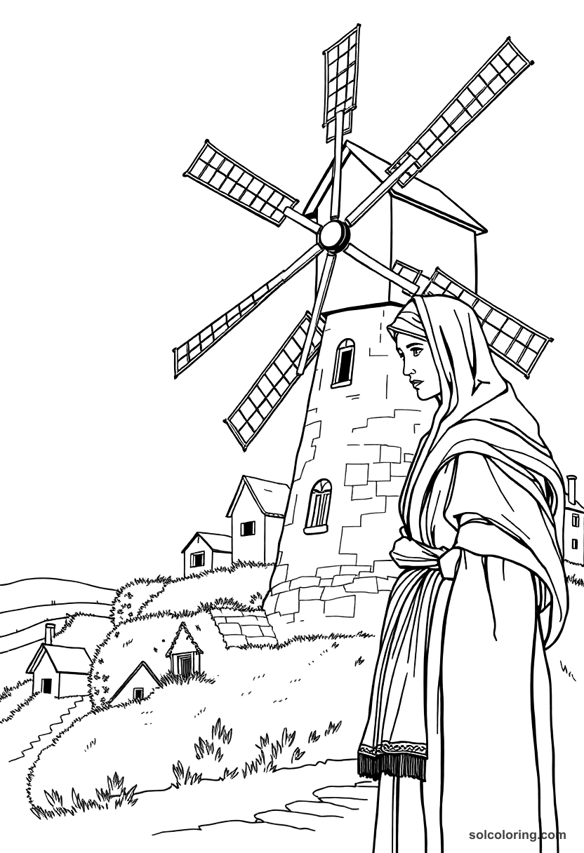 Medieval Windmill On A Village Hill coloring pages