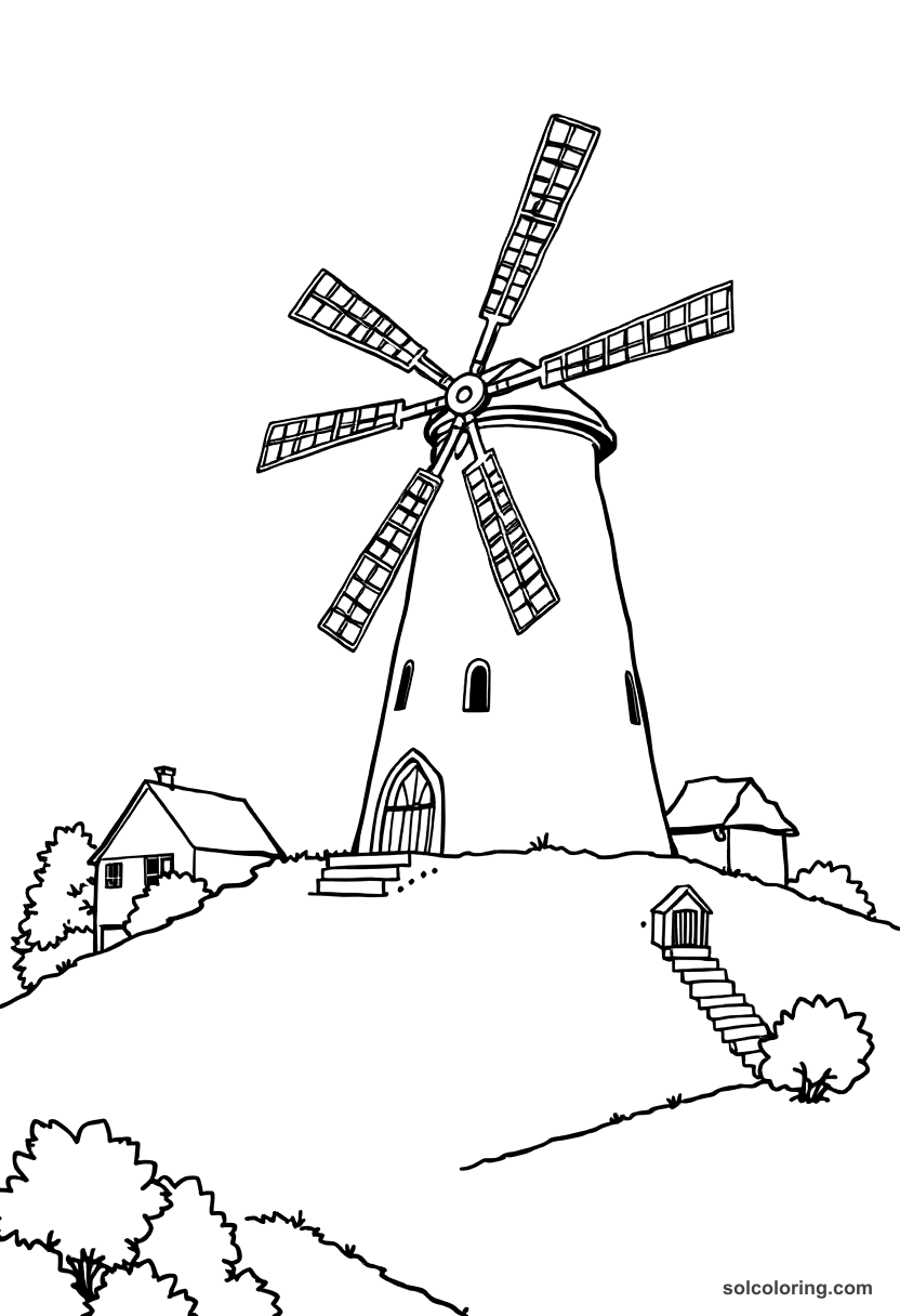 Simple Medieval Windmill on a Village Hill coloring page, free printable simple style