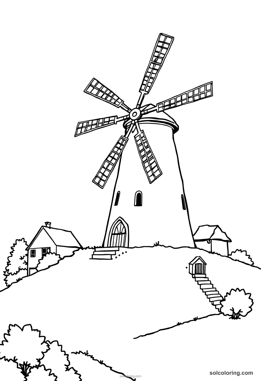 Simple Medieval Windmill on a Village Hill simple coloring page for kids