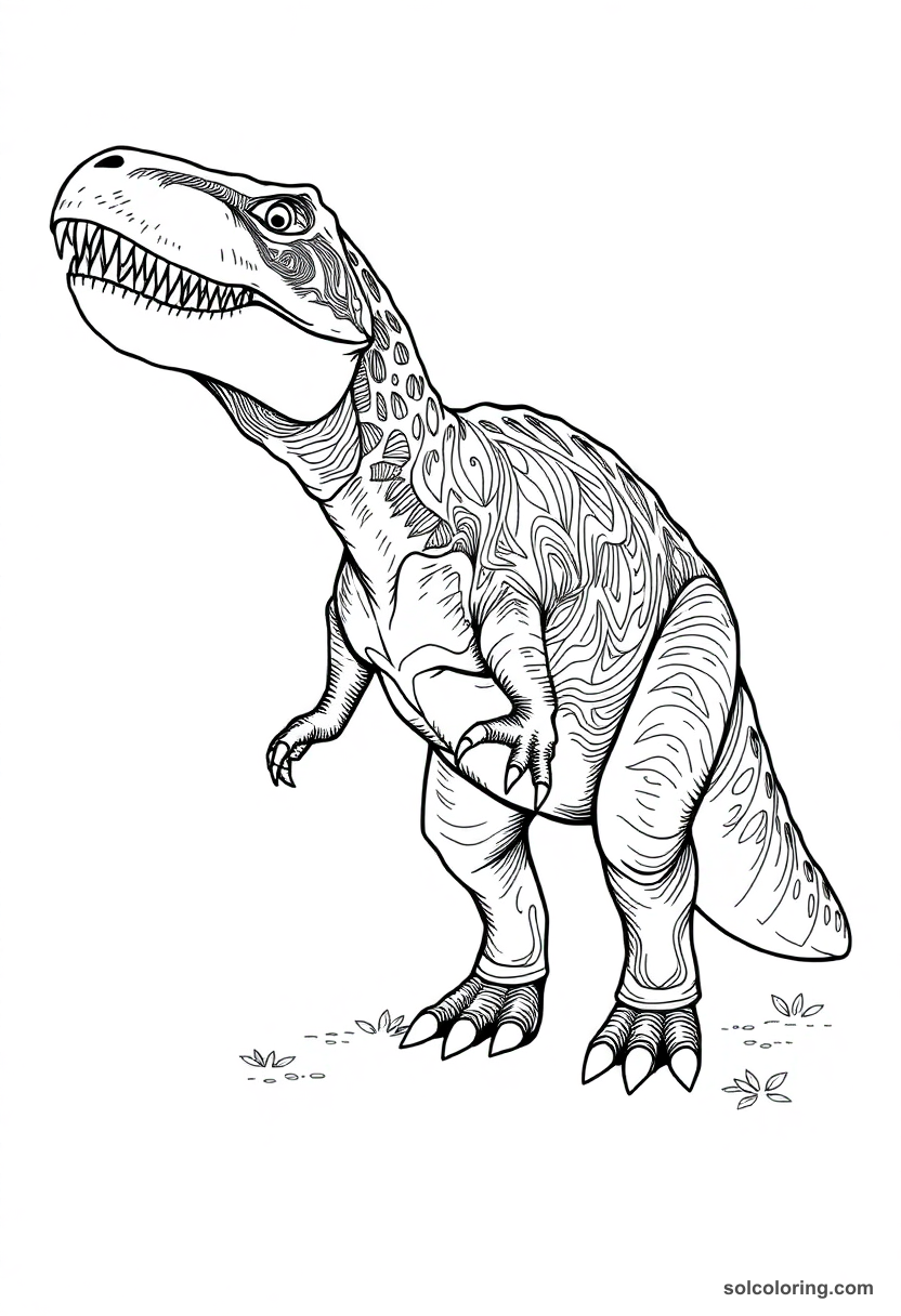 Megalosaurus coloring page showing fierce carnivorous dinosaur with open jaw, sharp teeth, and claws in detailed outline design