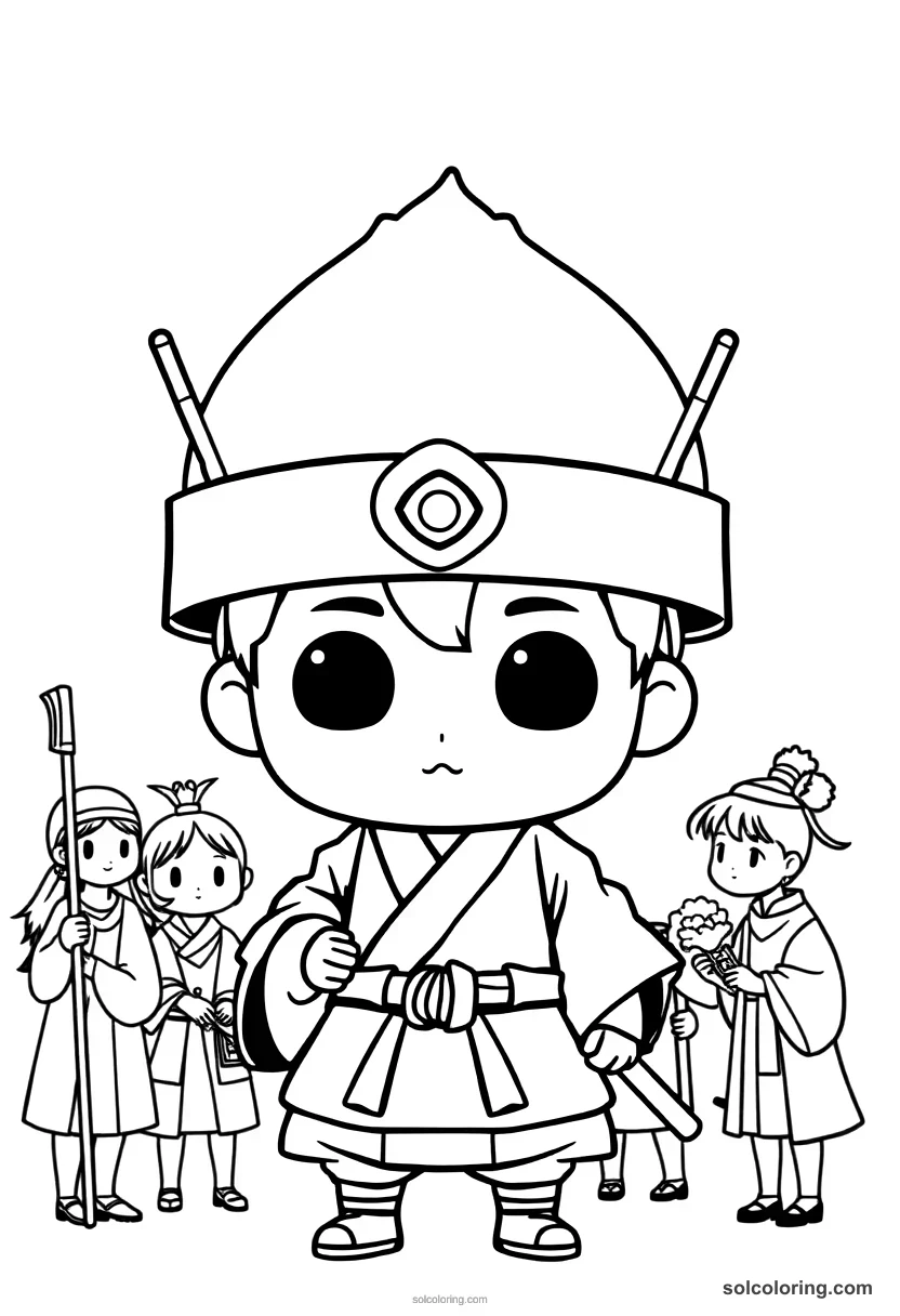 Chibi Meiji Japan Samurai Meeting Western Visitors chibi coloring page for kids