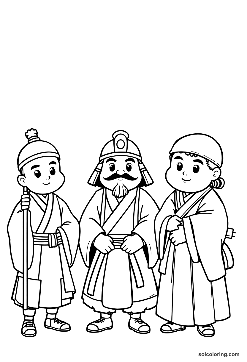 Cute Cartoon Meiji Japan Samurai Meeting Western Visitors coloring page, free printable cute cartoon style