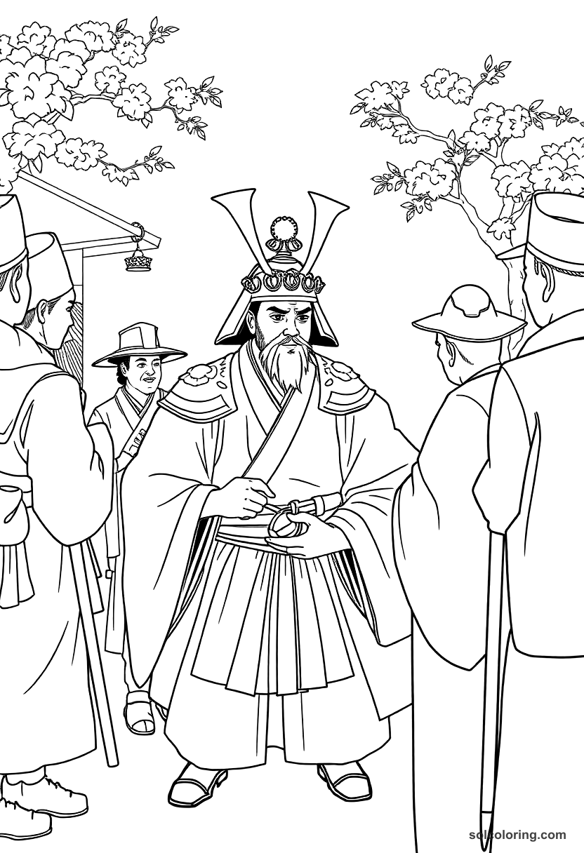 Meiji Japan Samurai Meeting Western Visitors coloring page, free printable detailed style