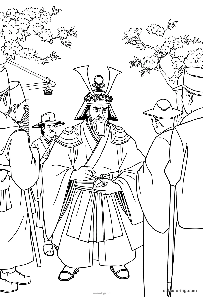 Meiji Japan Samurai Meeting Western Visitors detailed coloring page for kids