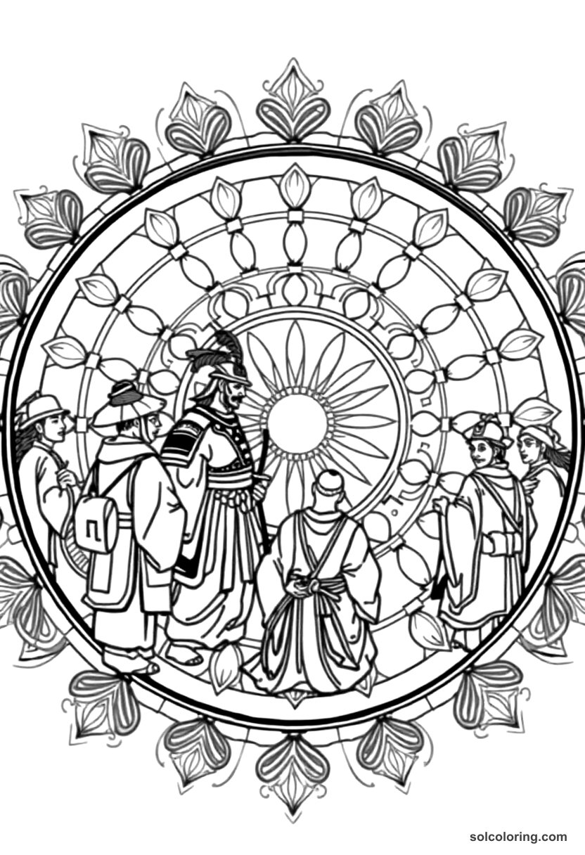 Mandala Meiji Japan Samurai Meeting Western Visitors coloring page, free printable mandala style