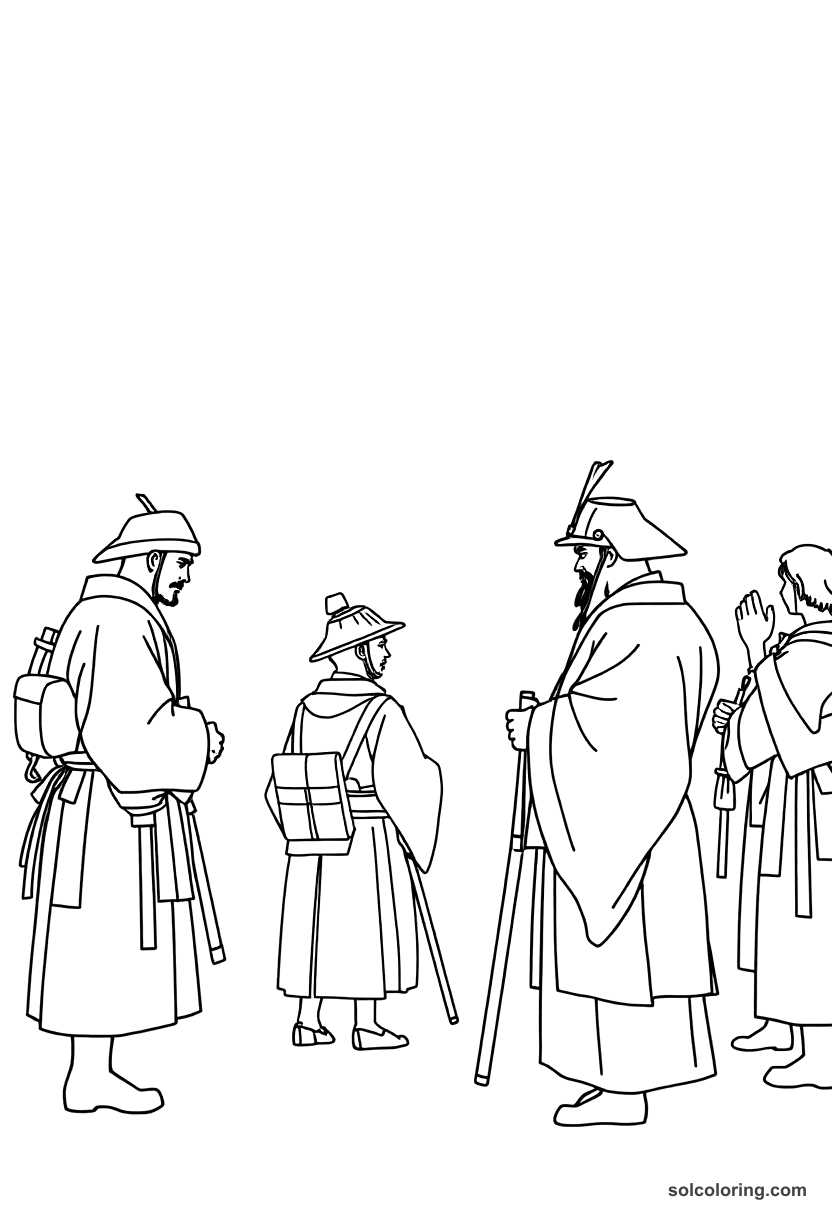 Simple Meiji Japan Samurai Meeting Western Visitors coloring page, free printable simple style