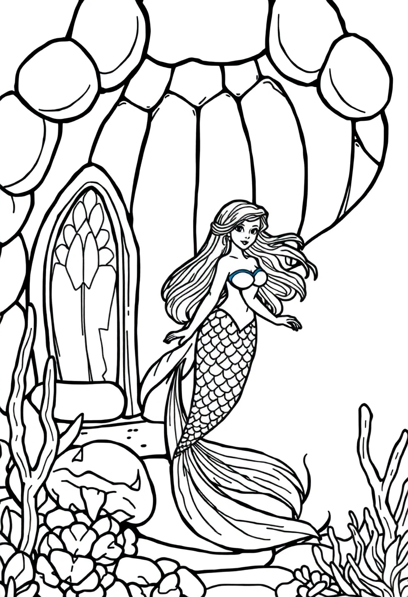 Mermaid in Seashell Palace coloring page, free printable
