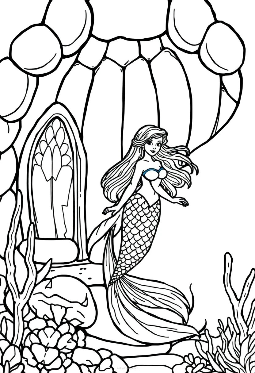 Mermaid in Seashell Palace coloring page for kids