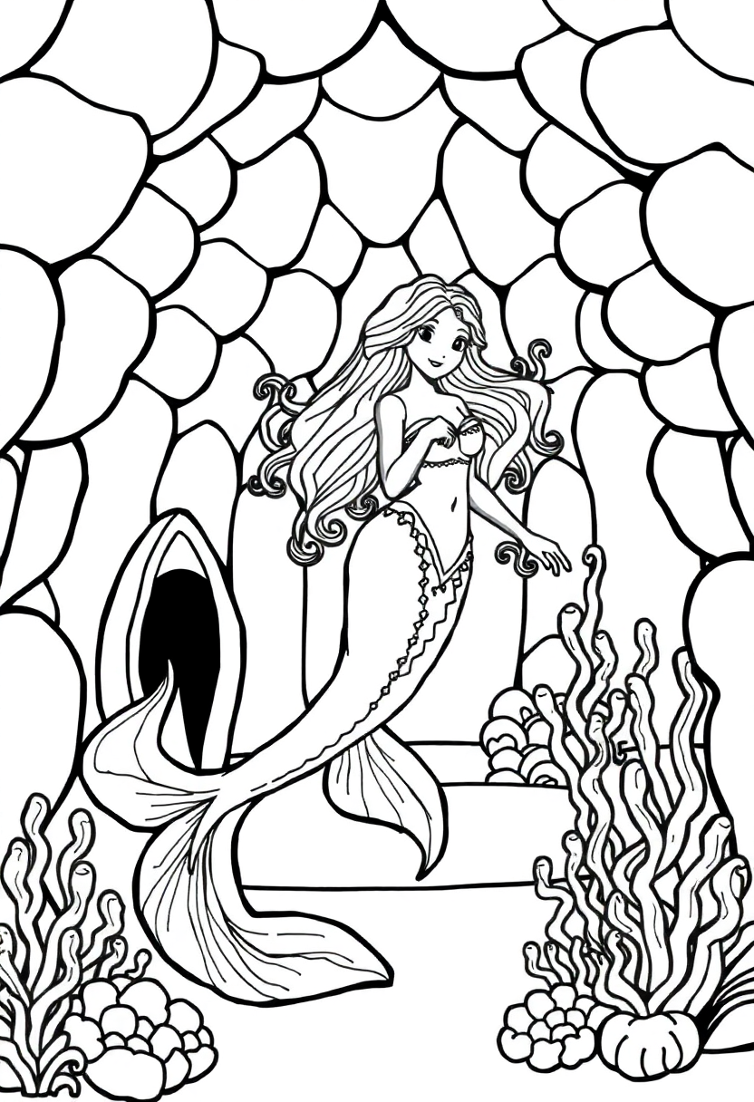 Mermaid in Seashell Palace coloring page, free printable