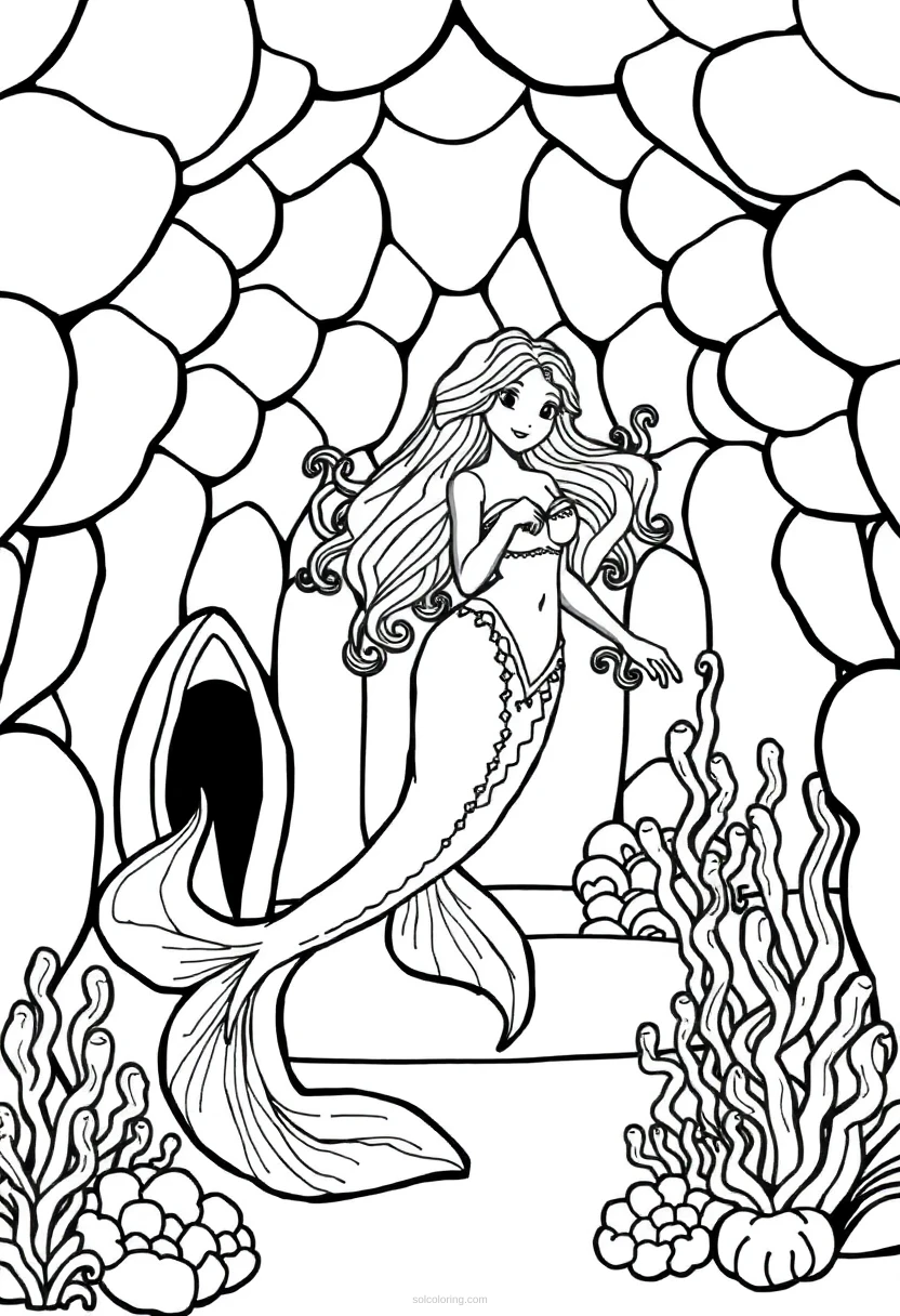 Mermaid in Seashell Palace coloring page for kids