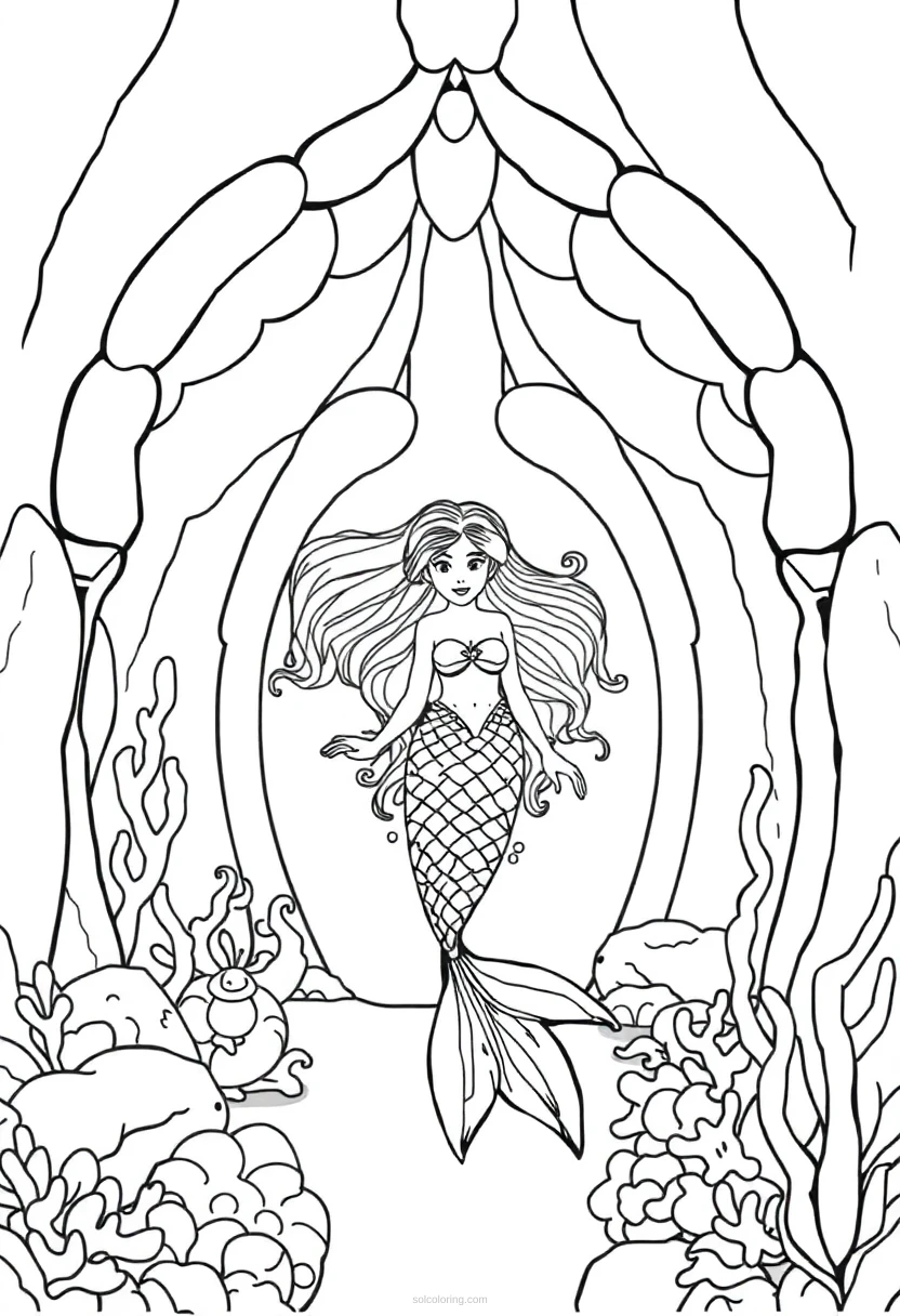Mermaid in Seashell Palace coloring page for kids