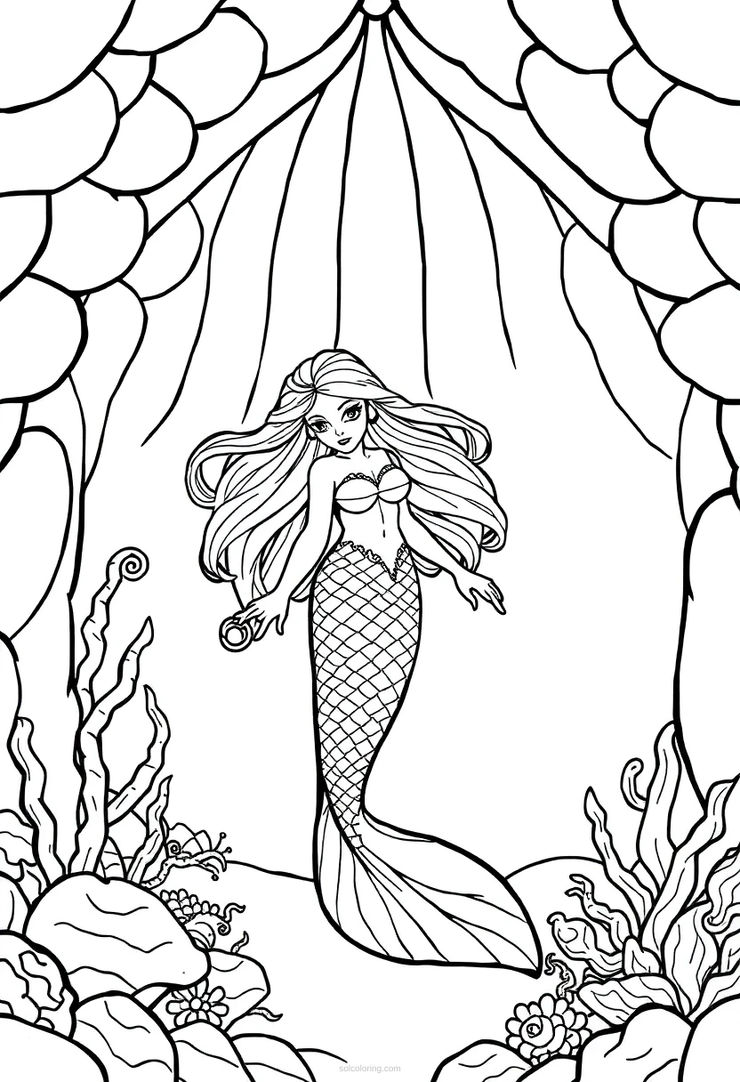 Mermaid in Seashell Palace coloring page for kids