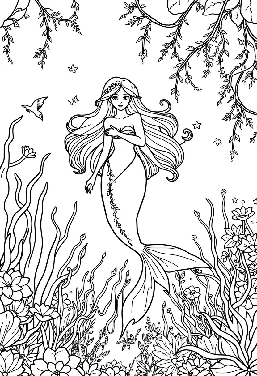 Mermaid in Underwater Garden coloring page, free printable