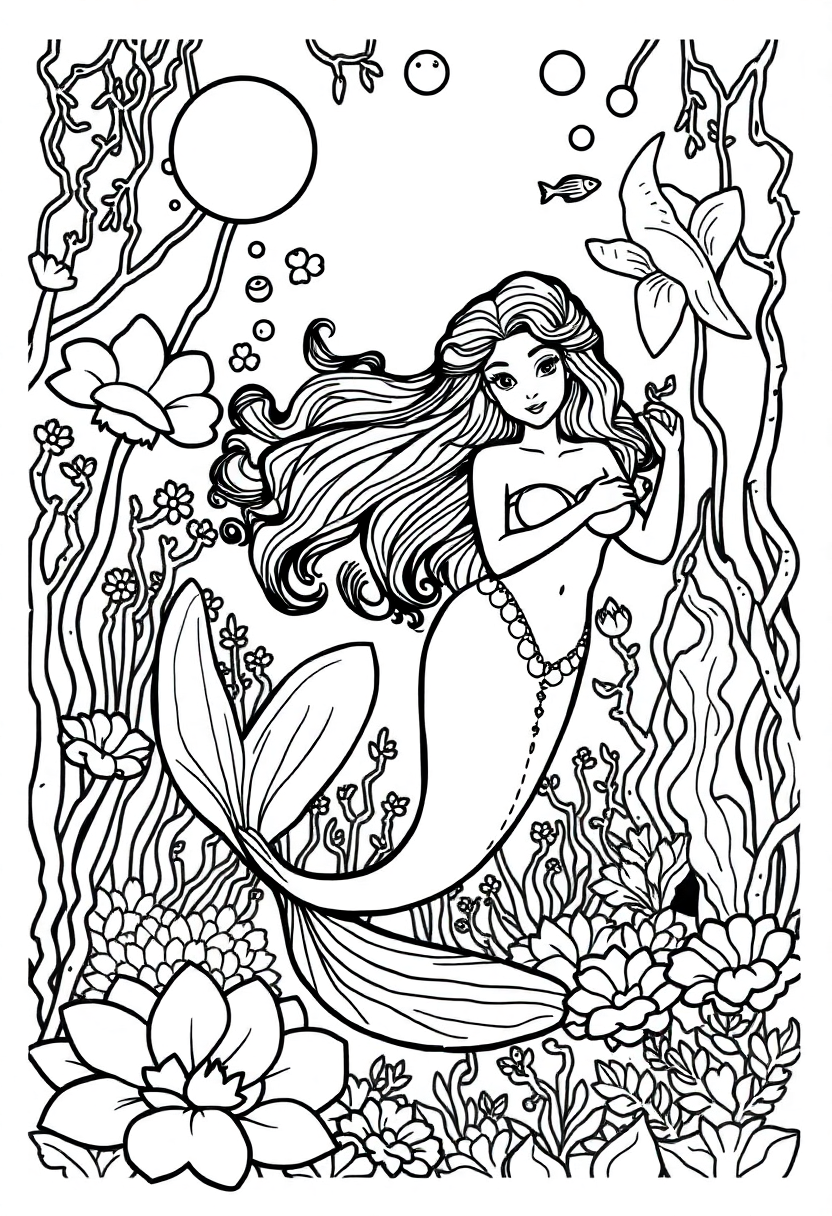 Mermaid in Underwater Garden coloring page, free printable